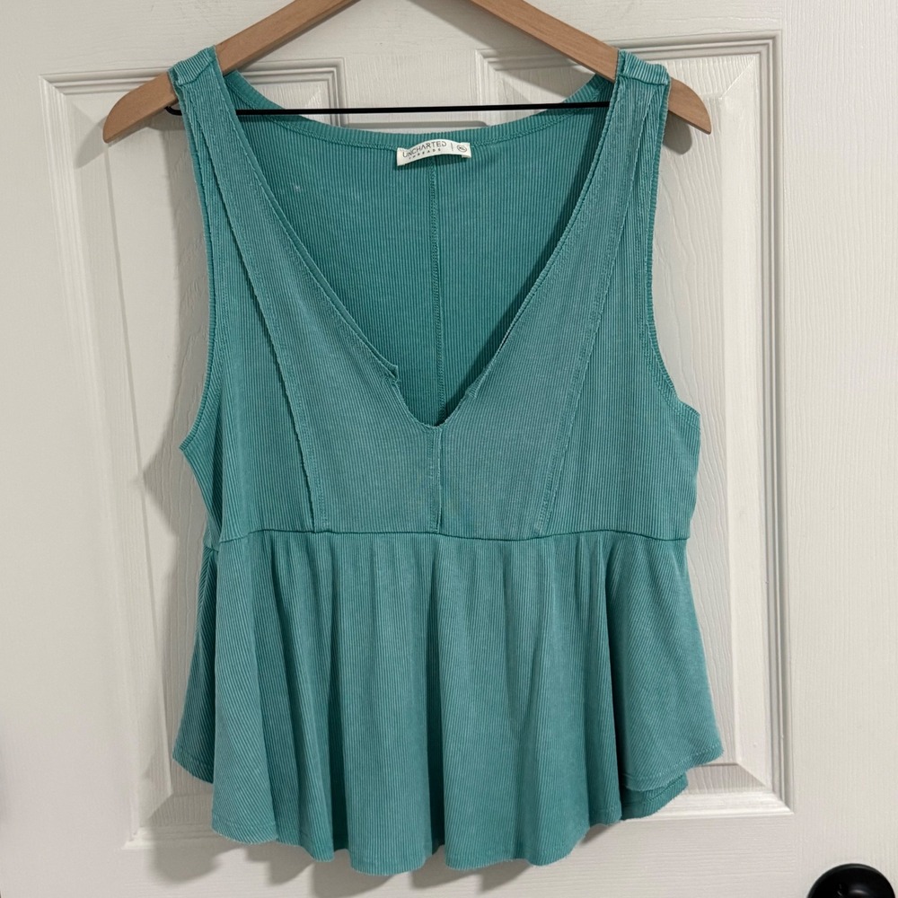 Uncharted Threads Peplum Tank Top Womens XL Blue V Neck Coastal Chic‎ Boho